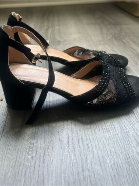 Smartfit Black Lace Ankle-Strap Block Heels with Bead Detail